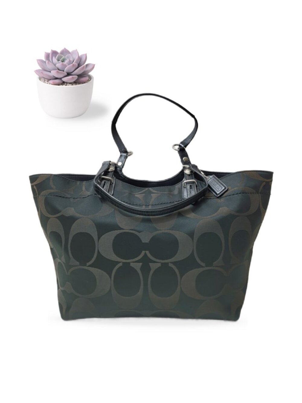 Coach Signature Sateen Tote Black Brown Large Shoulder Bag Purple Lining F16175